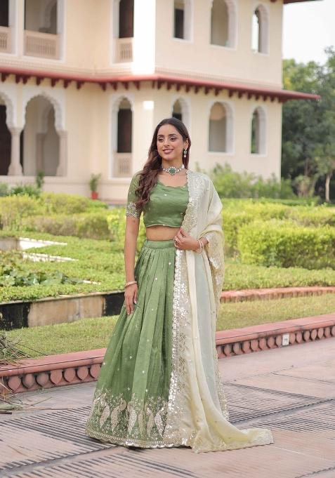 Parrot Sequin Work Gold Crush Lehenga Set