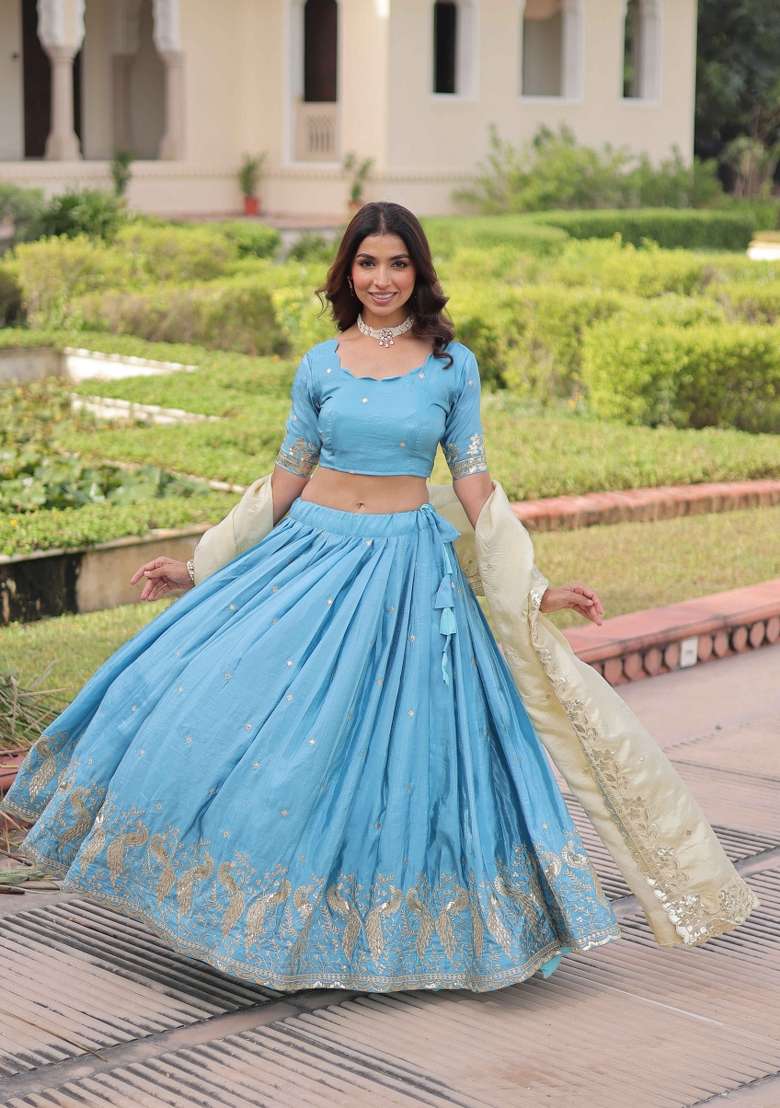 Sky Blue Sequin Work Gold Crush Lehenga Set for Diwali and Festive Wear - Indya