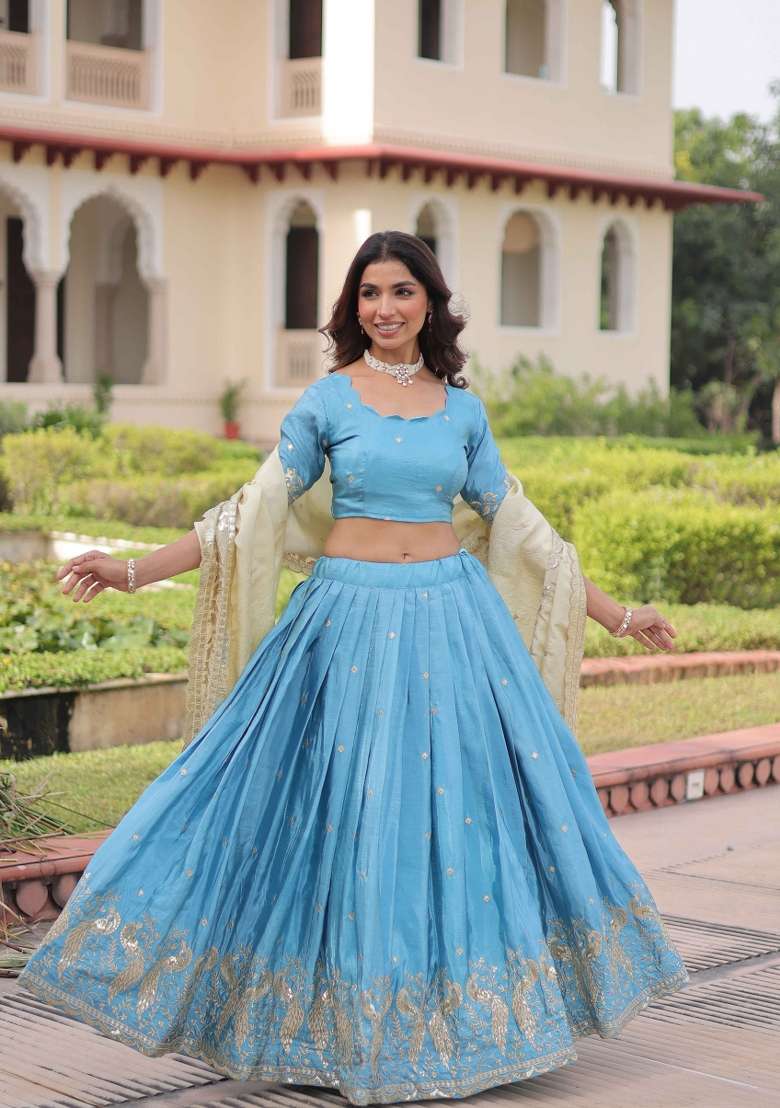 Sky Blue Sequin Work Gold Crush Lehenga Set for Diwali and Festive Wear - Indya
