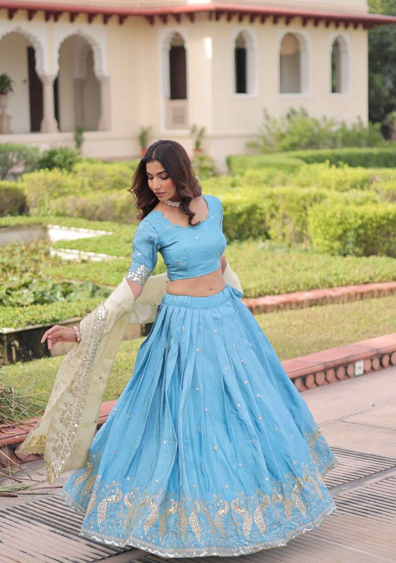 Sky Blue Sequin Work Gold Crush Lehenga Set for Diwali and Festive Wear - Indya