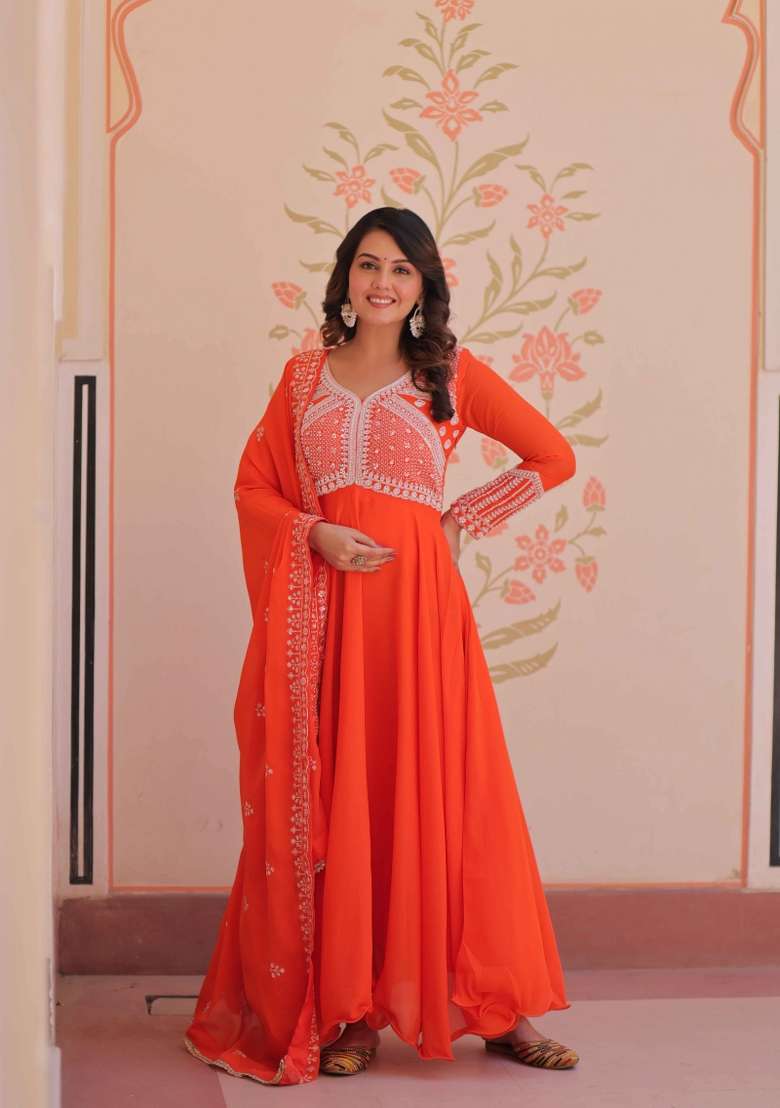 Orange Sequin Work Georgette Anarkali With Dupatta - Indya