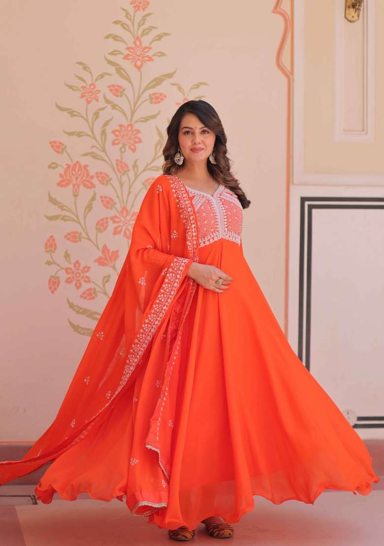 Orange Sequin Work Georgette Anarkali With Dupatta - Indya