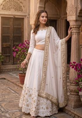 White Embroidered Silk Blend Lehenga Set