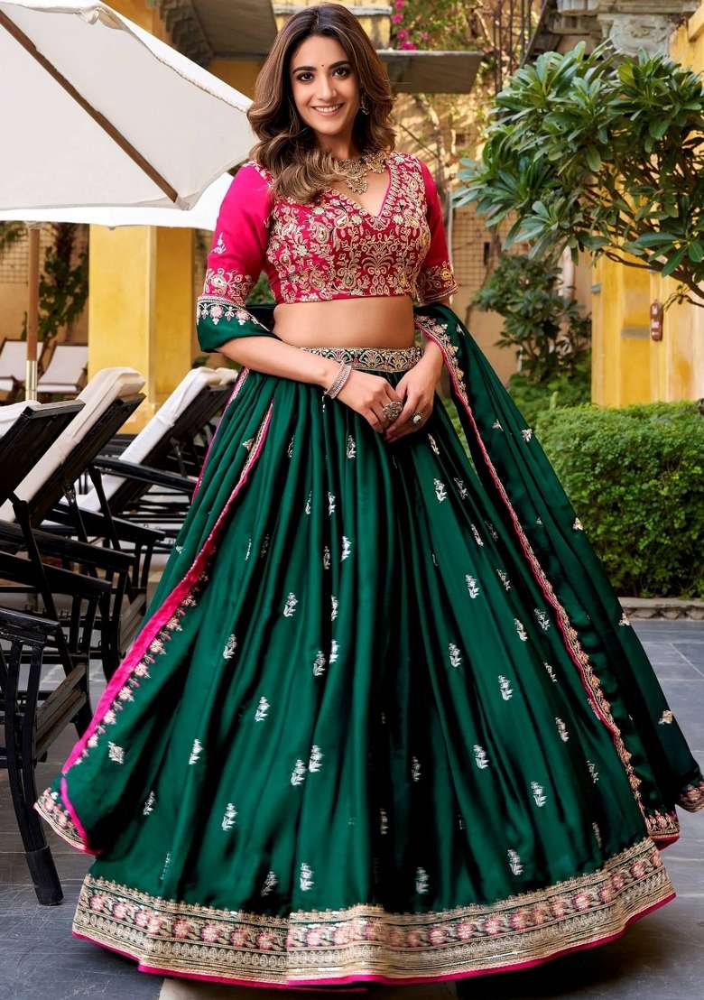 Green Silk Blend Lehenga Set with Embroidered for Diwali | Wedding & Festive Wear - Indya
