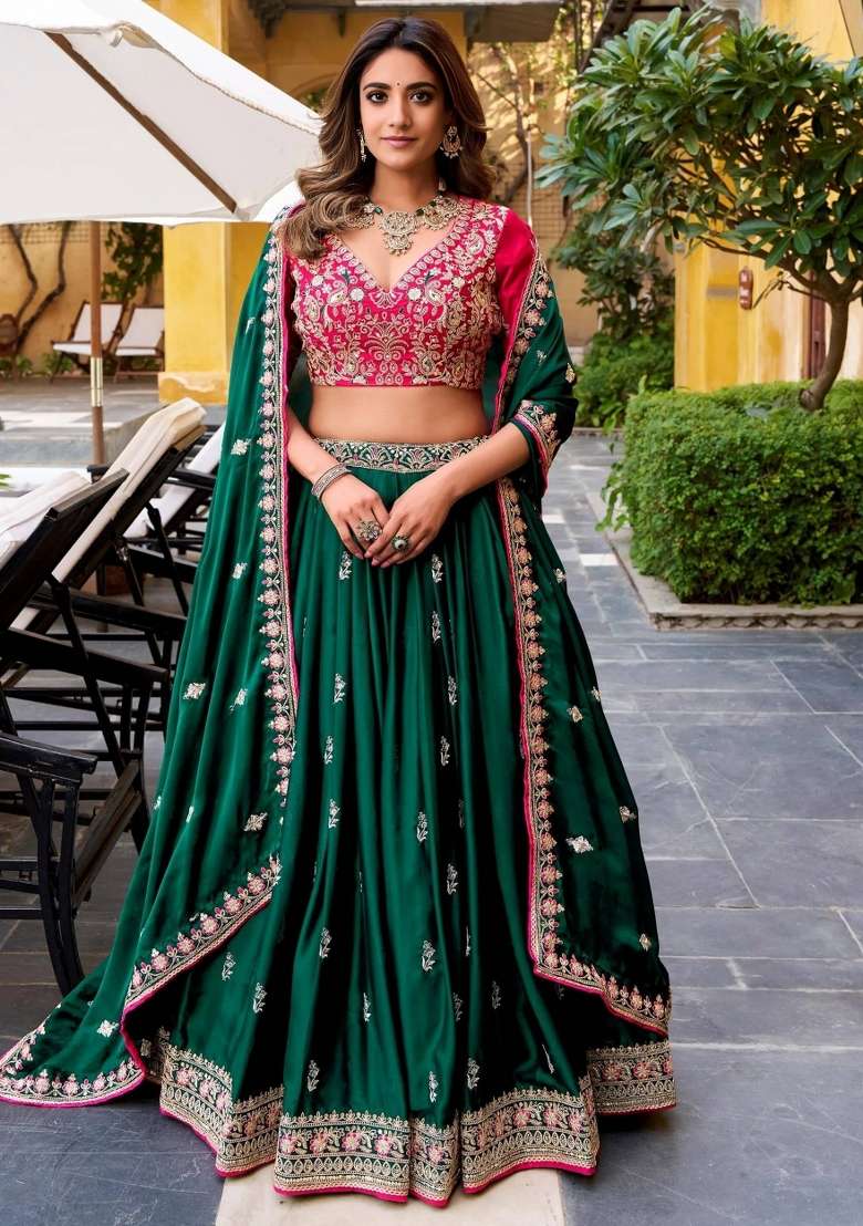 Green Silk Blend Lehenga Set with Embroidered for Diwali | Wedding & Festive Wear - Indya