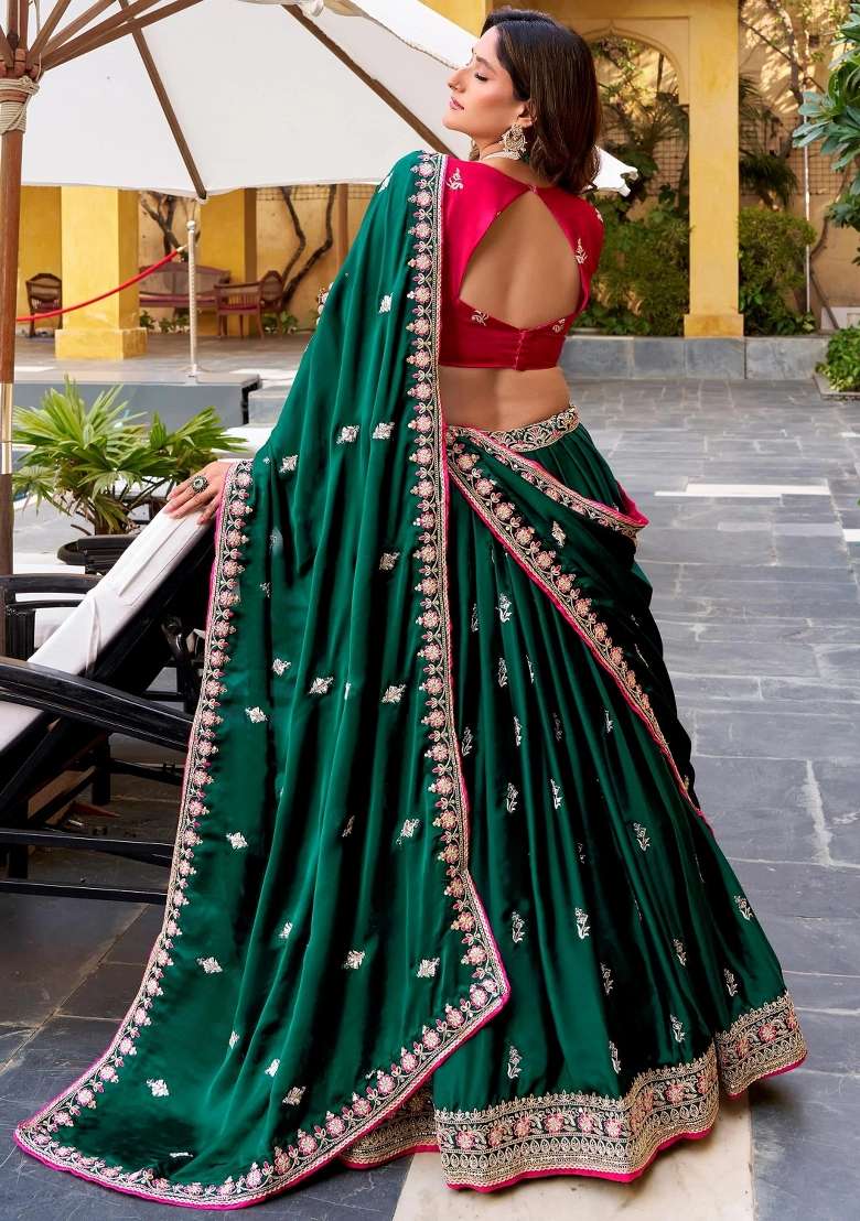 Green Silk Blend Lehenga Set with Embroidered for Diwali | Wedding & Festive Wear - Indya