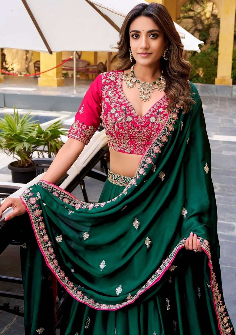 Green Silk Blend Lehenga Set with Embroidered for Diwali | Wedding & Festive Wear - Indya