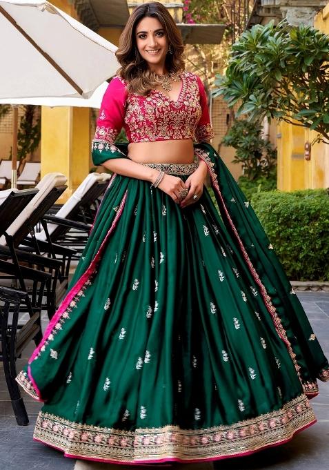 Green Embroidered Silk Blend Lehenga Set