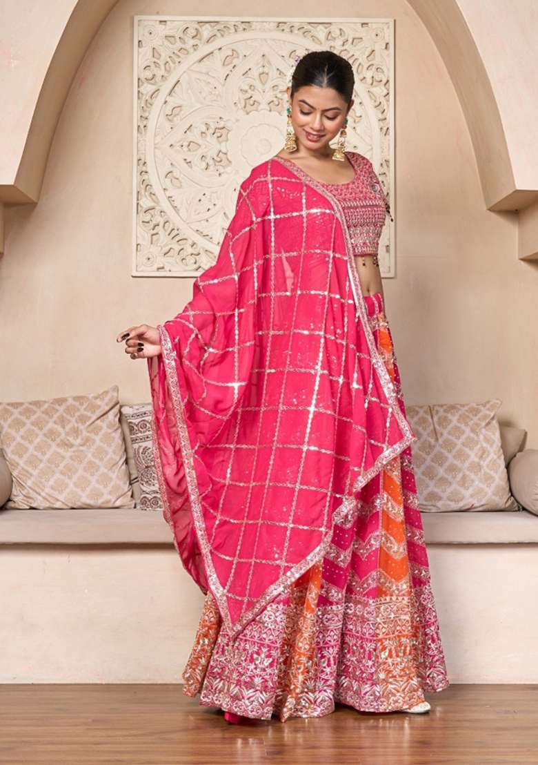Multicolor Embroidered Georgette Lehenga Set for Diwali and Festive Wear - Indya