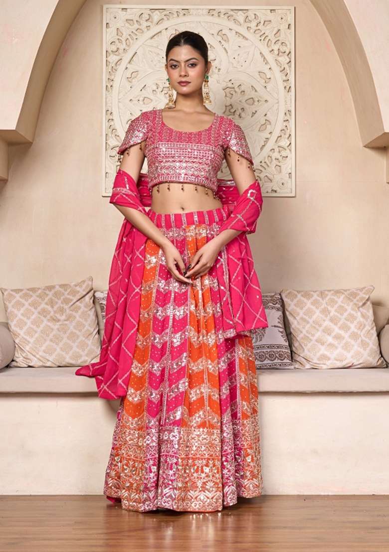 Multicolor Embroidered Georgette Lehenga Set for Diwali and Festive Wear - Indya