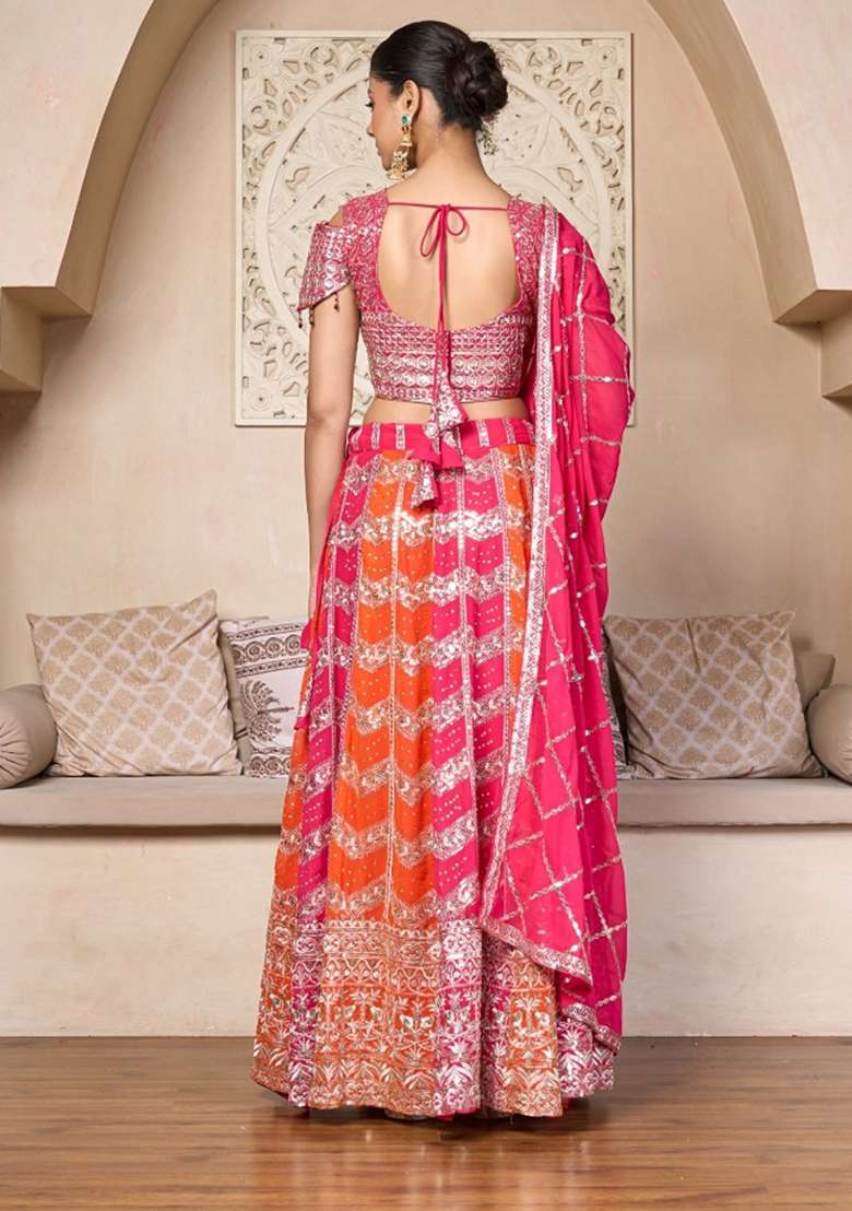 Multicolor Embroidered Georgette Lehenga Set for Diwali and Festive Wear - Indya