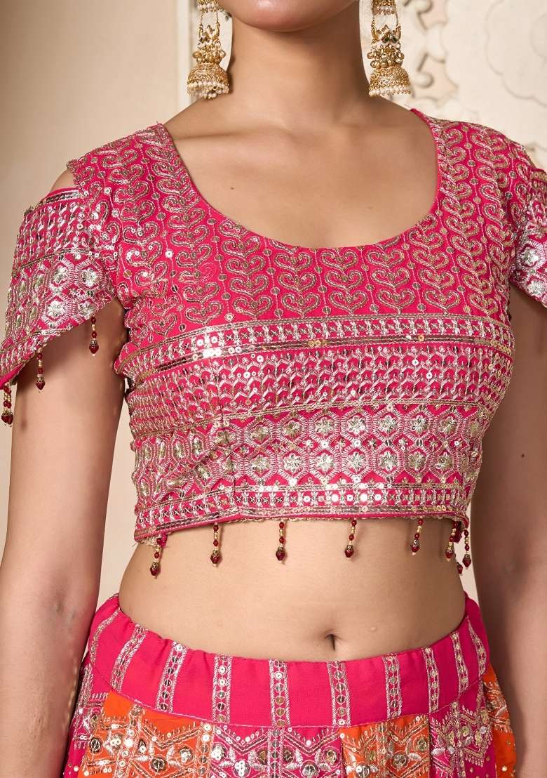 Multicolor Embroidered Georgette Lehenga Set for Diwali and Festive Wear - Indya