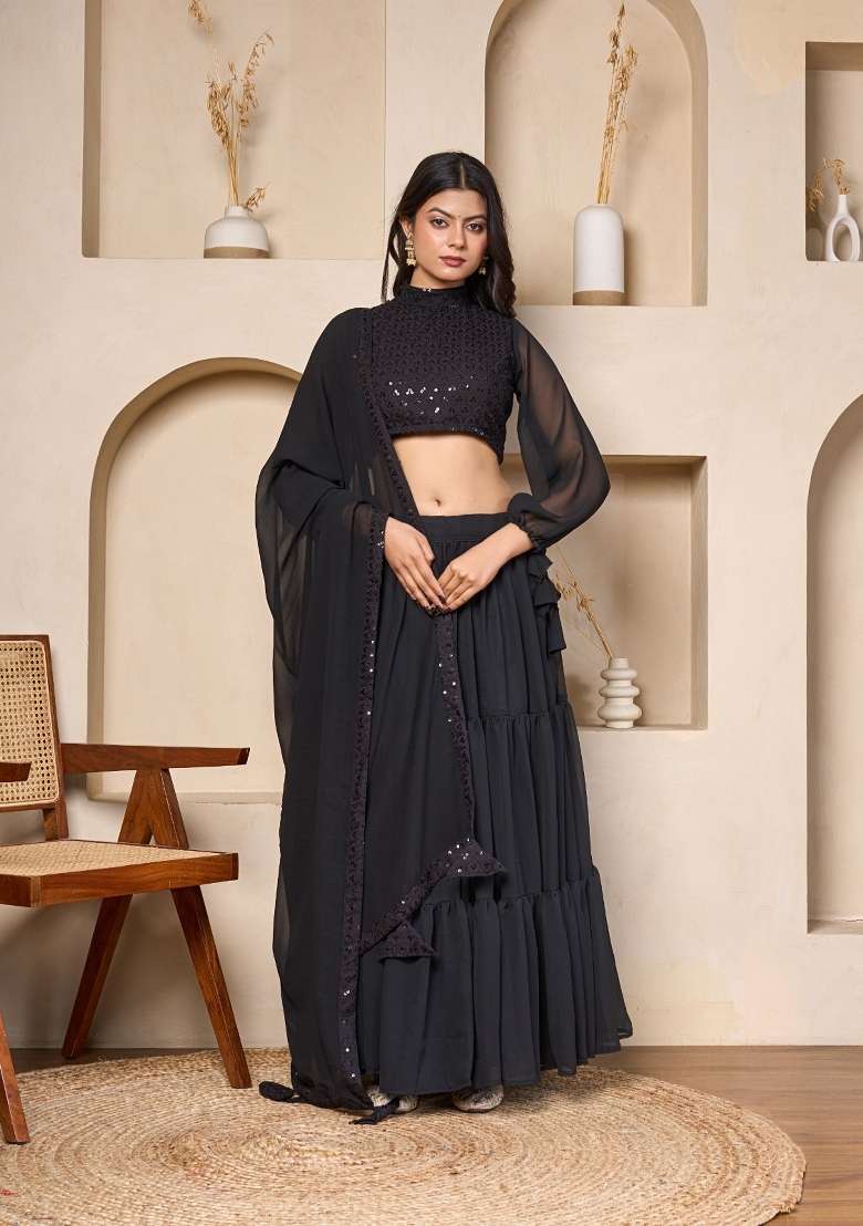 Black Embroidered Georgette Lehenga Set for Diwali and Festive Wear - Indya