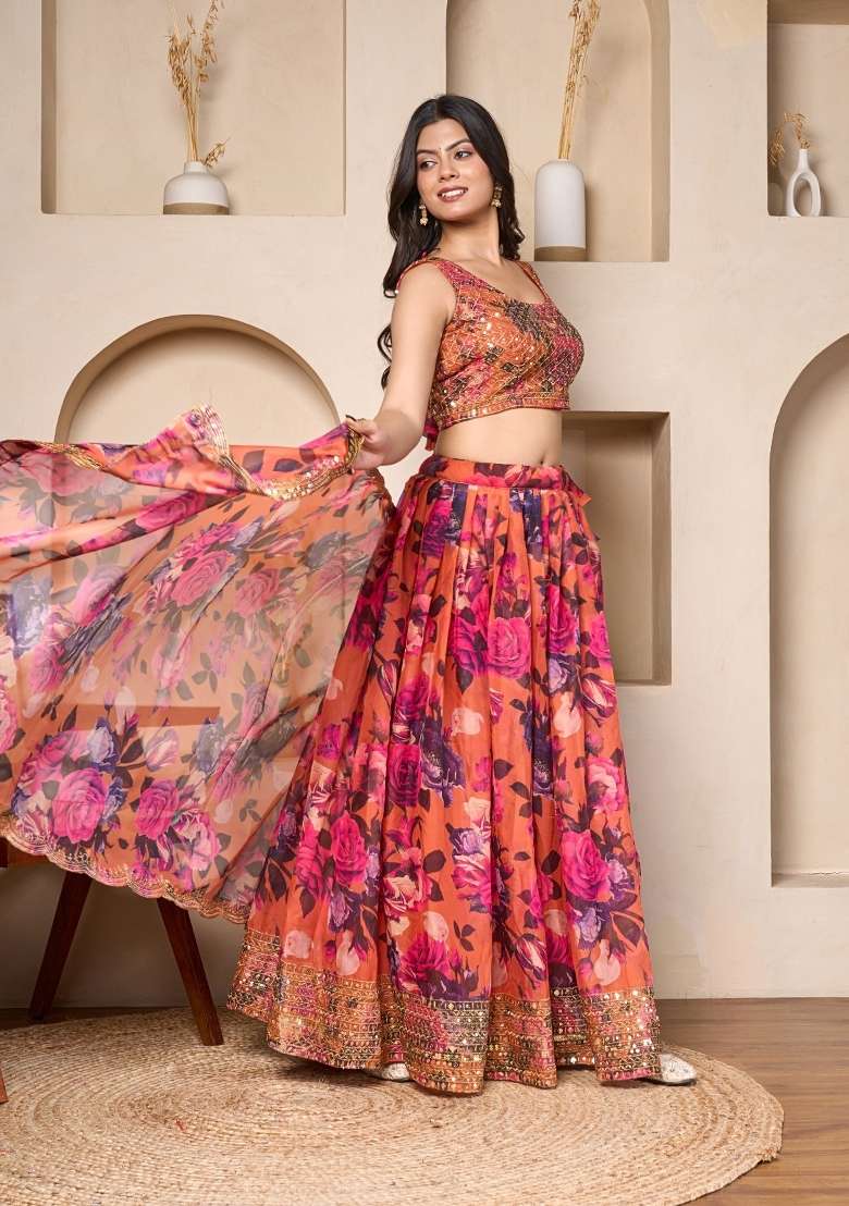 Coral Embroidered Georgette Lehenga Set for Diwali and Festive Wear - Indya