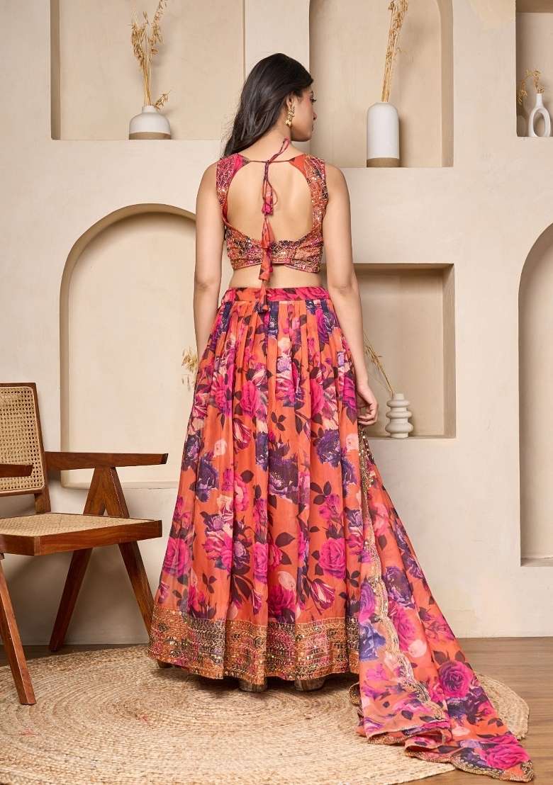Coral Embroidered Georgette Lehenga Set for Diwali and Festive Wear - Indya
