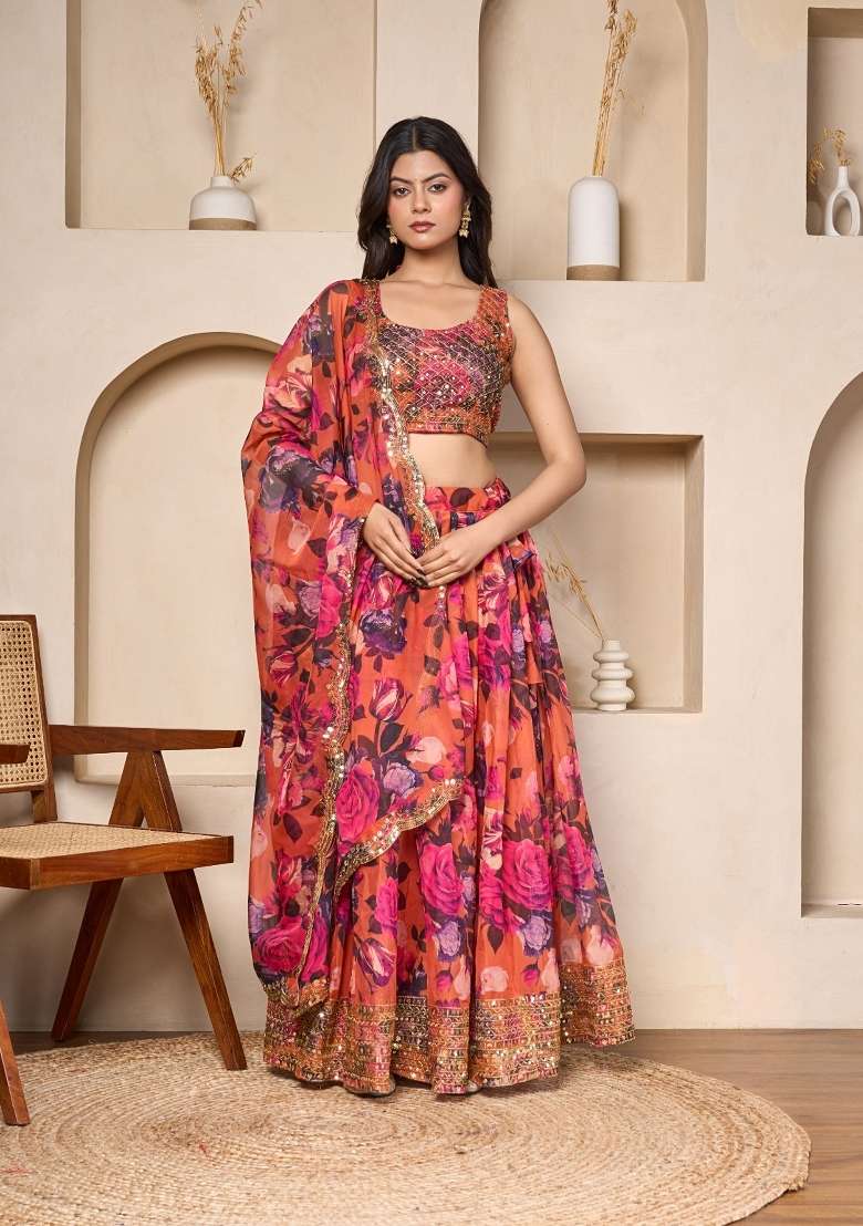 Coral Embroidered Georgette Lehenga Set for Diwali and Festive Wear - Indya
