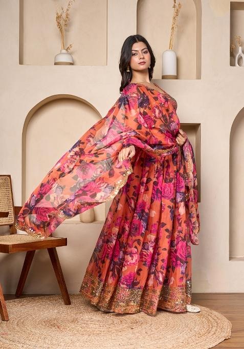 Coral Embroidered Georgette Lehenga Set
