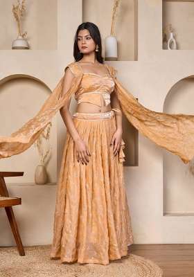 Beige Silk Blend Lehenga Set with Embroidered for Diwali | Wedding & Festive Wear