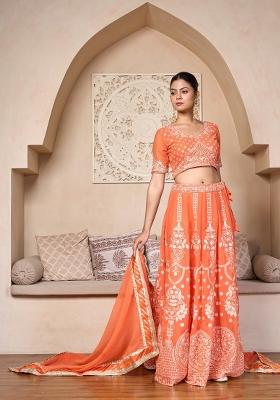 Orange Embroidered Georgette Lehenga Set