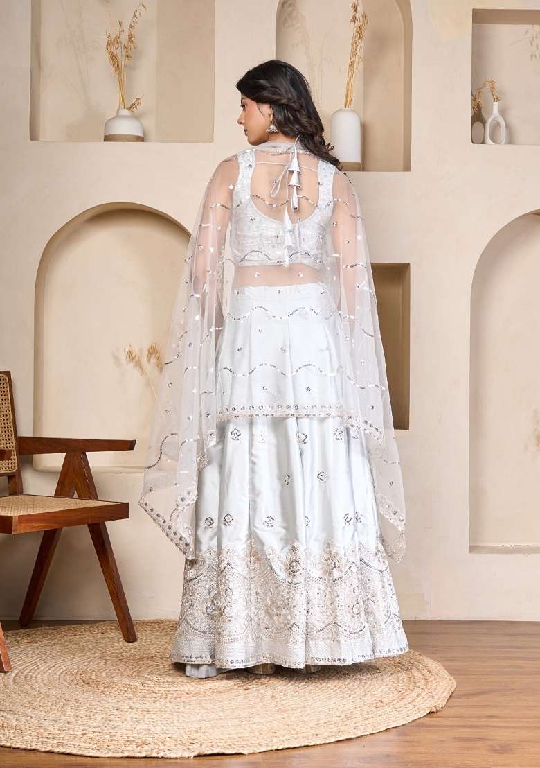 Silver Silk Blend Lehenga Set with Embroidered for Diwali | Wedding & Festive Wear - Indya