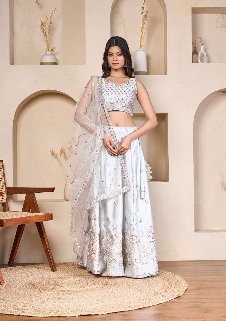 Silver Silk Blend Lehenga Set with Embroidered for Diwali | Wedding & Festive Wear - Indya