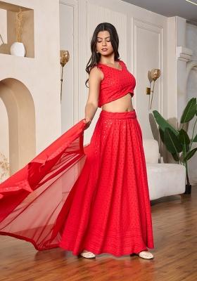 Red Embroidered Rayon Lehenga Set
