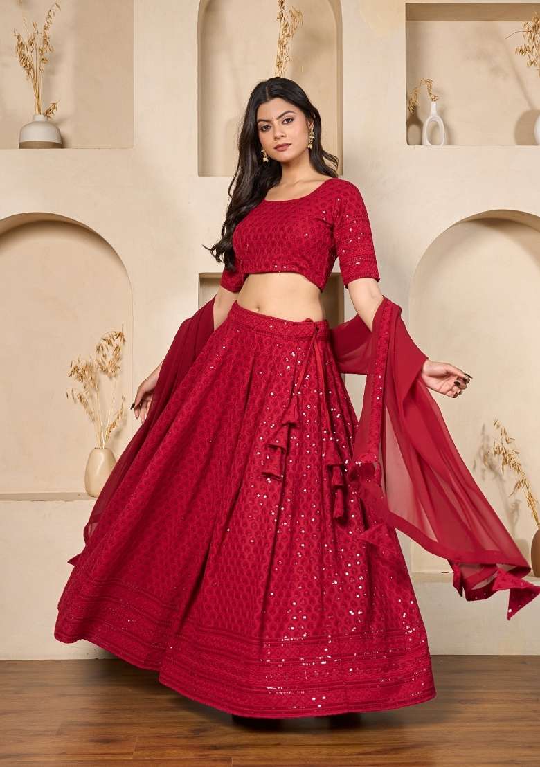 Maroon Rayon Lehenga Set with Embroidered for Diwali | Wedding & Festive Wear - Indya