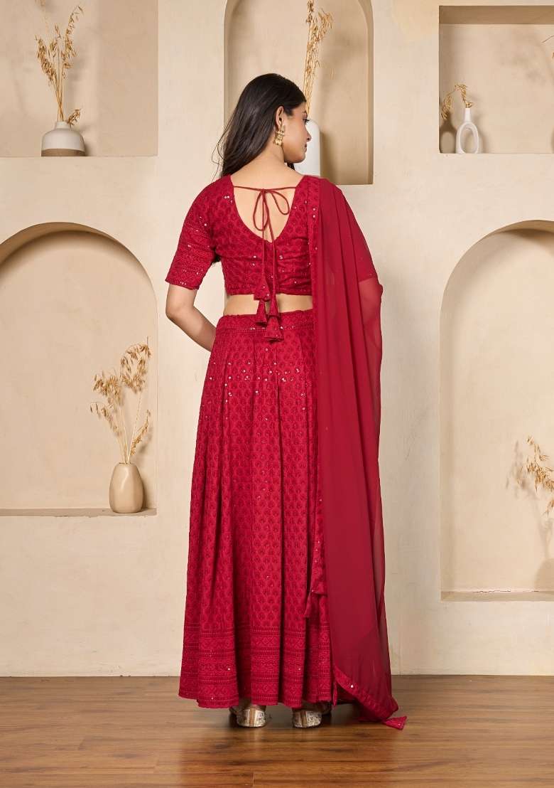 Maroon Rayon Lehenga Set with Embroidered for Diwali | Wedding & Festive Wear - Indya