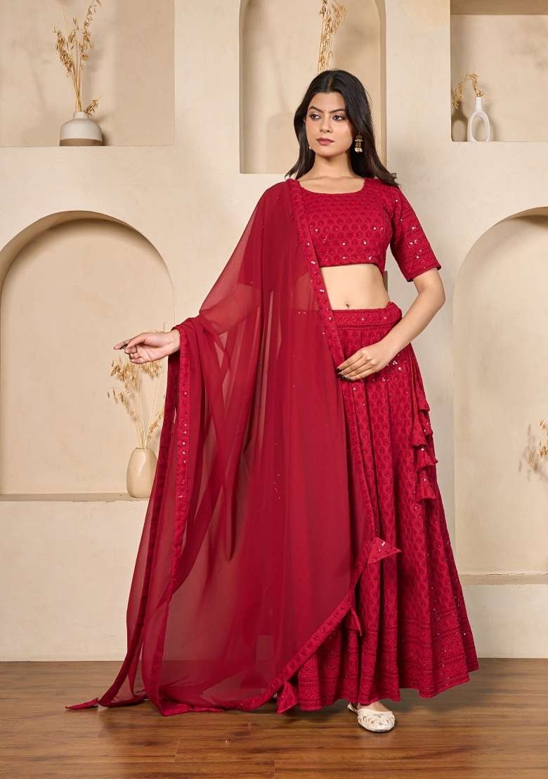 Maroon Rayon Lehenga Set with Embroidered for Diwali | Wedding & Festive Wear - Indya