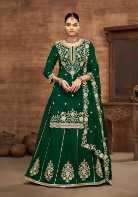 dark green Zari Work Silk Blend Lehenga Set