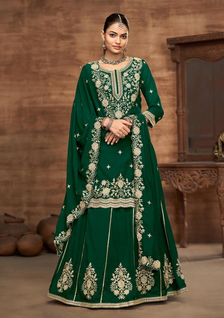 dark green Zari Work Silk Blend Lehenga Set - Indya