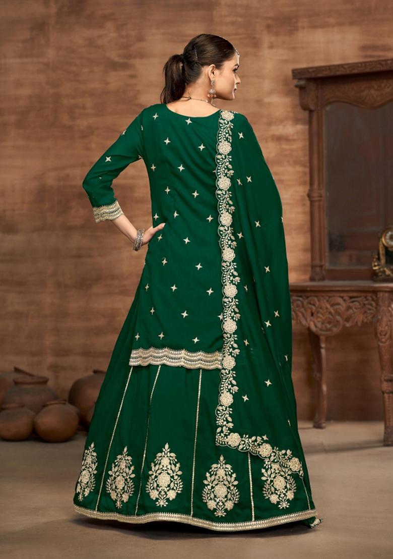dark green Zari Work Silk Blend Lehenga Set - Indya