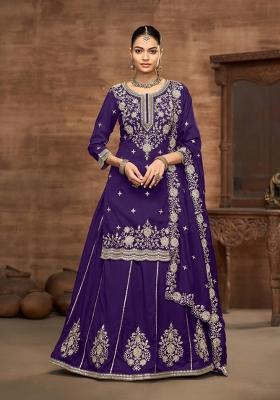 violet Zari Work Silk Blend Lehenga Set