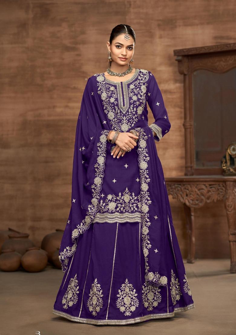 violet Zari Work Silk Blend Lehenga Set - Indya