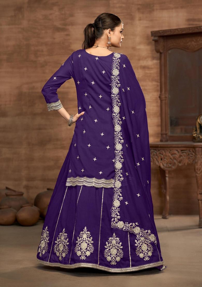 violet Zari Work Silk Blend Lehenga Set - Indya