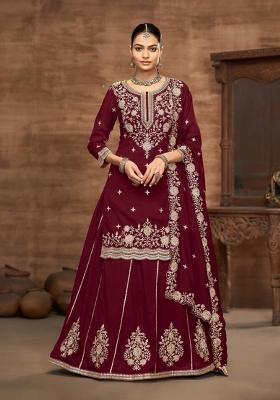 maroon Zari Work Silk Lehenga Set