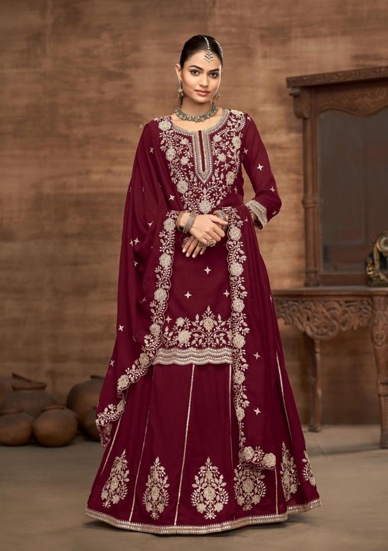 maroon Zari Work Silk Blend Lehenga Set - Indya