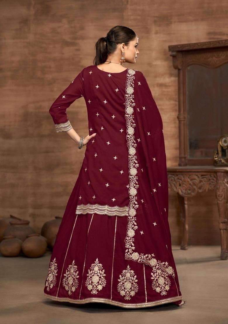maroon Zari Work Silk Blend Lehenga Set - Indya