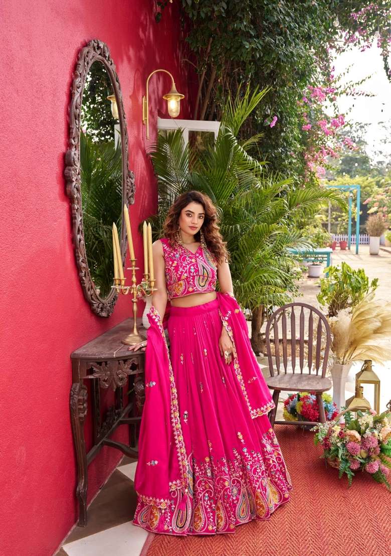 Pink Silk Blend Lehenga Set with Zari Work for Diwali | Wedding & Festive Wear - Indya