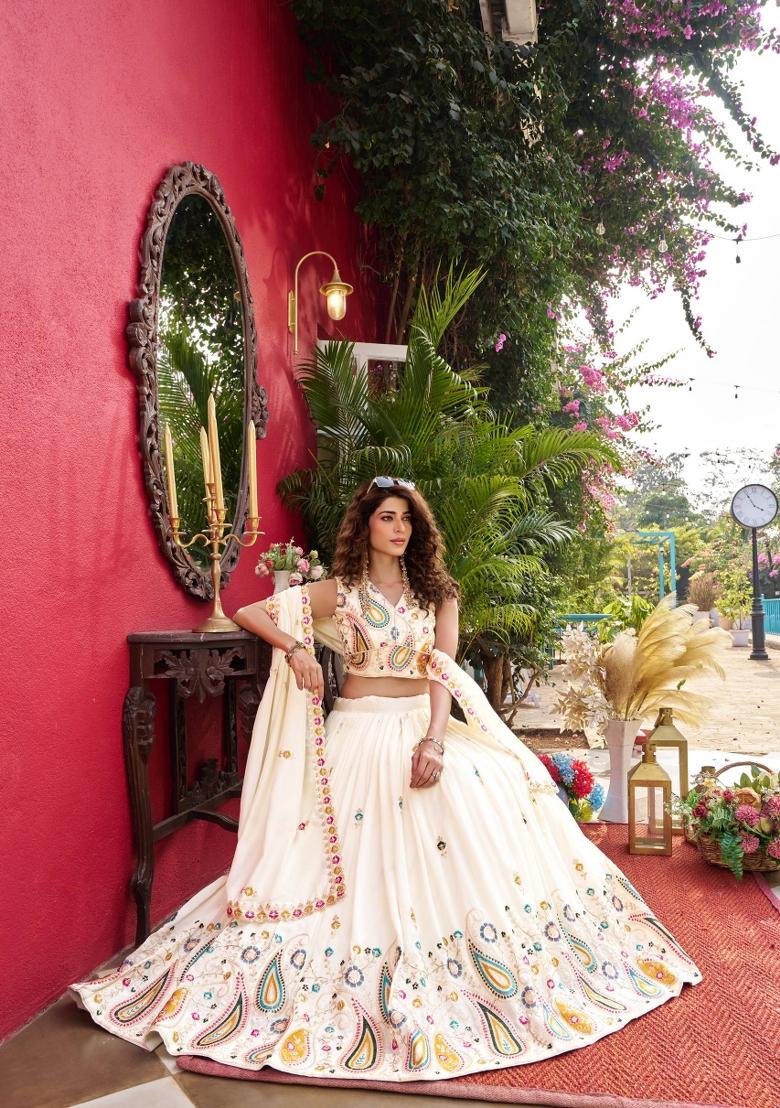 Cream Zari Work Silk Blend Lehenga Set - Indya