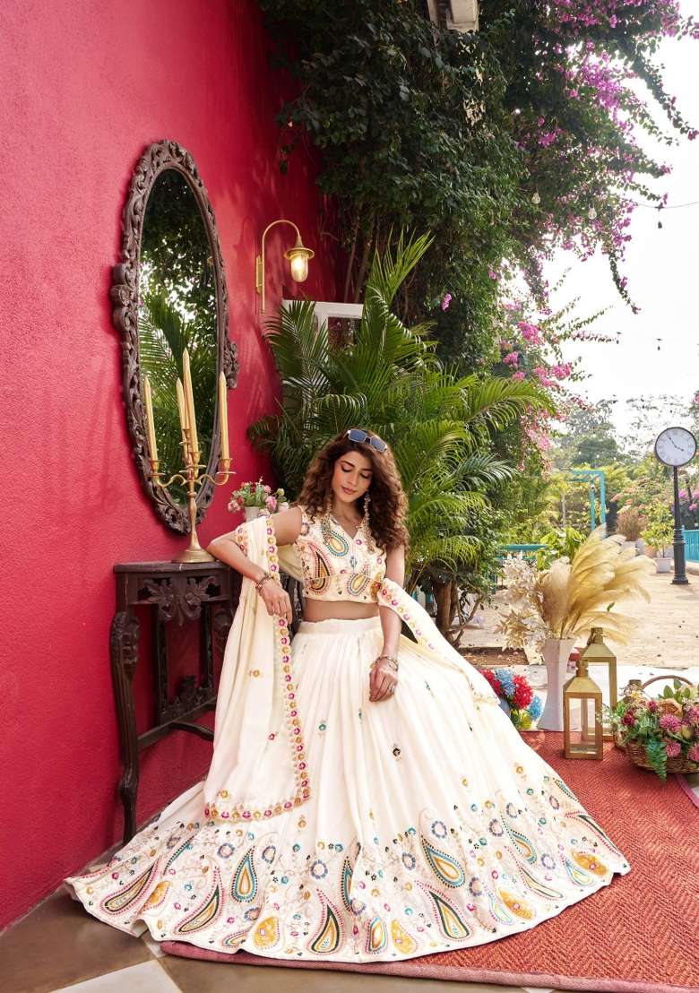 Cream Zari Work Silk Blend Lehenga Set for Diwali and Festive Wear - Indya