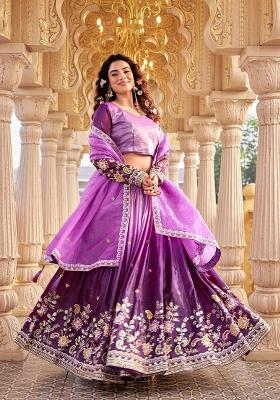 purple Zari Work Silk Blend Lehenga Set