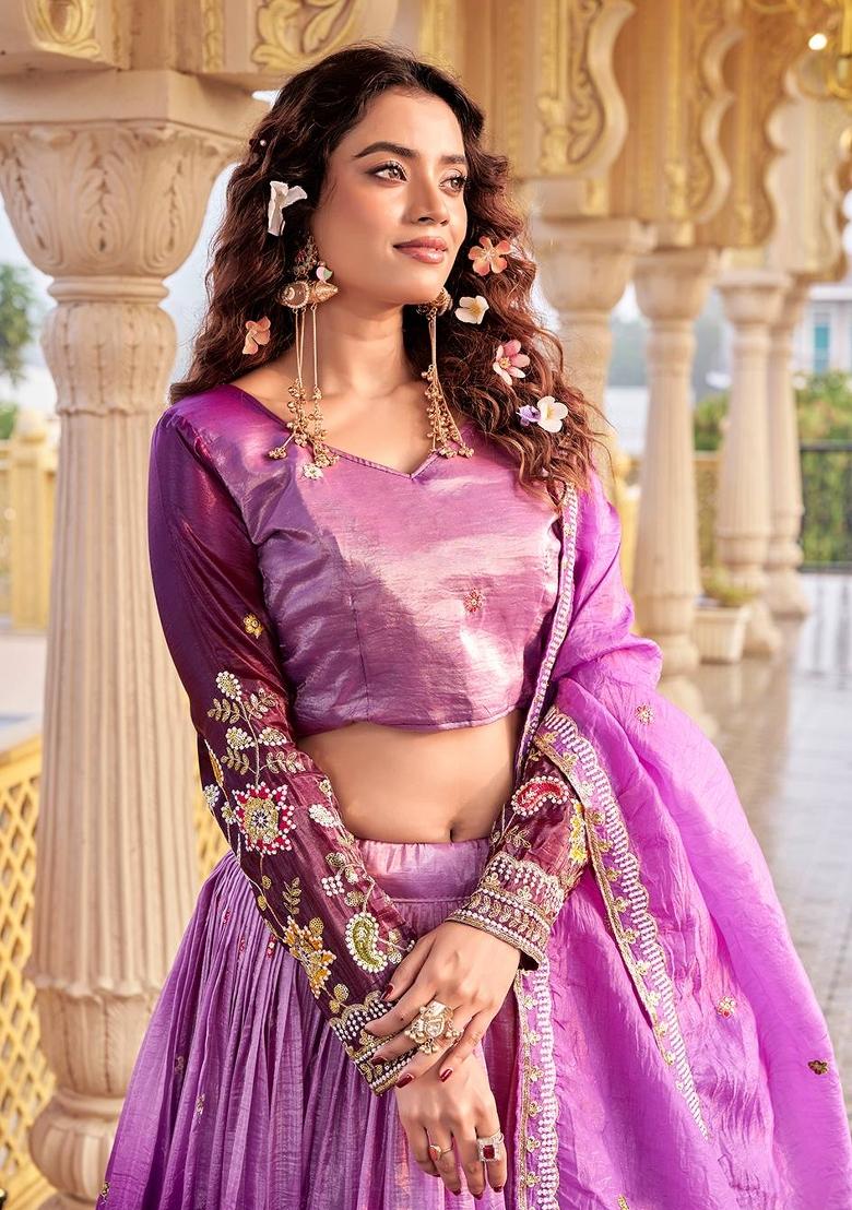 purple Zari Work Silk Blend Lehenga Set - Indya
