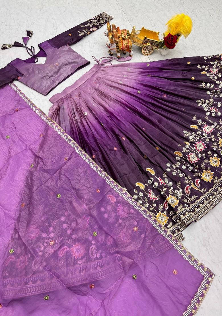 purple Zari Work Silk Blend Lehenga Set - Indya