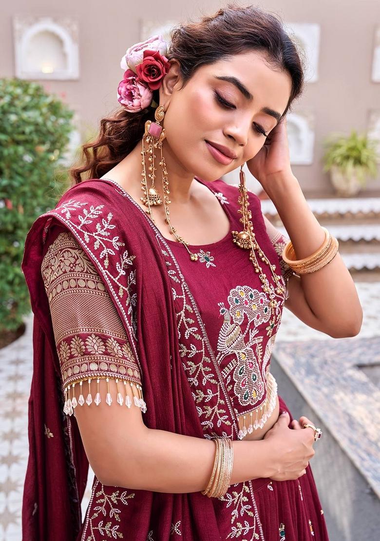 Red Zari Work Silk Blend Lehenga Set - Indya