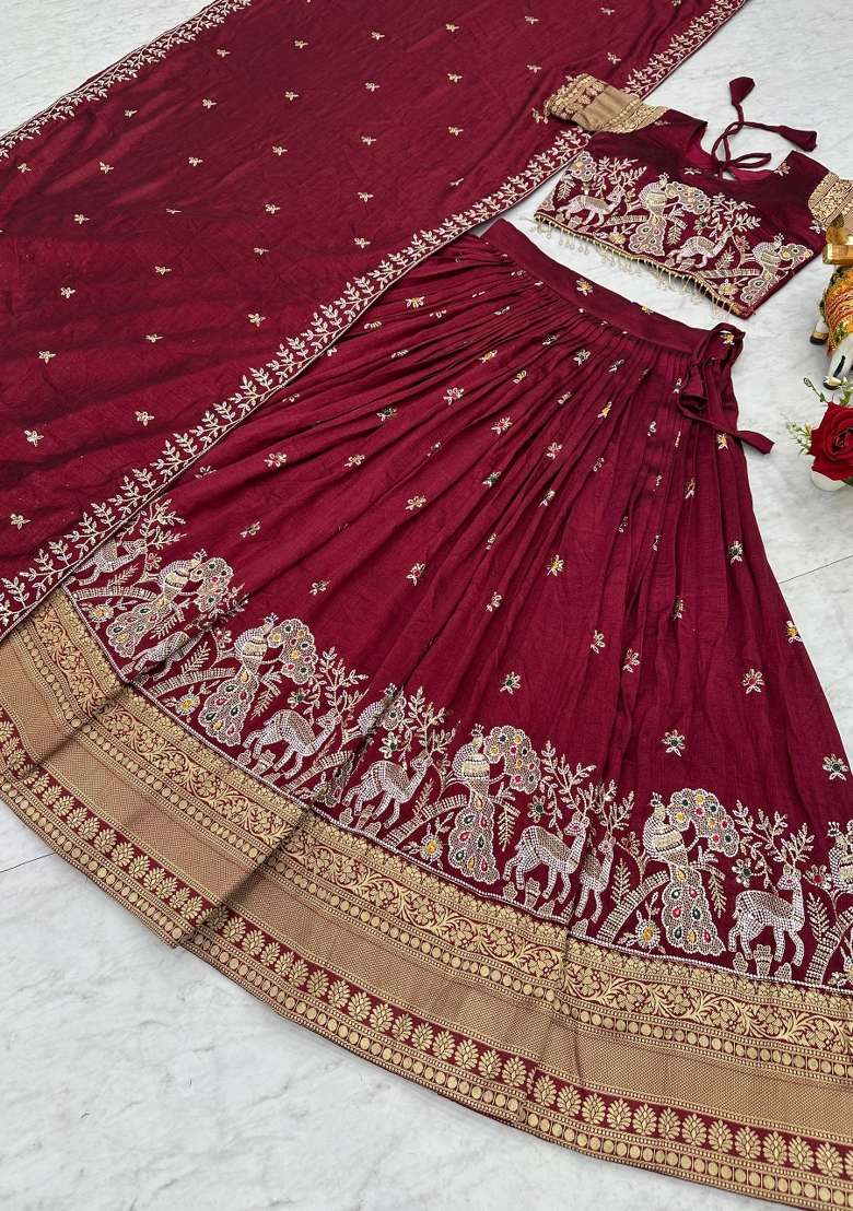 Red Zari Work Silk Blend Lehenga Set for Diwali and Festive Wear - Indya