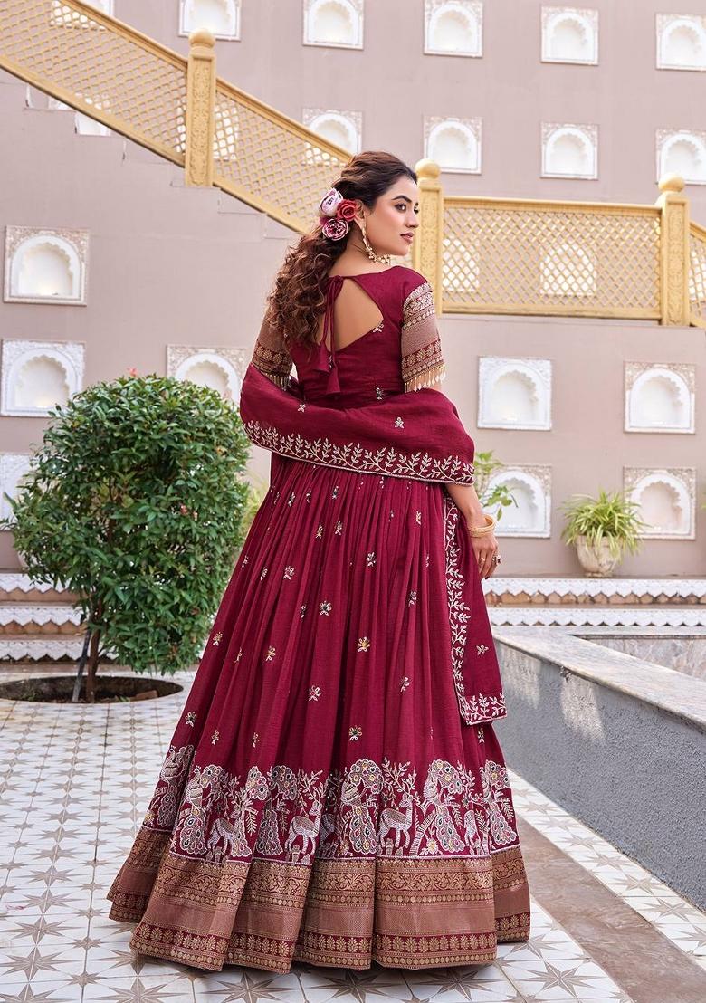 Red Zari Work Silk Blend Lehenga Set - Indya