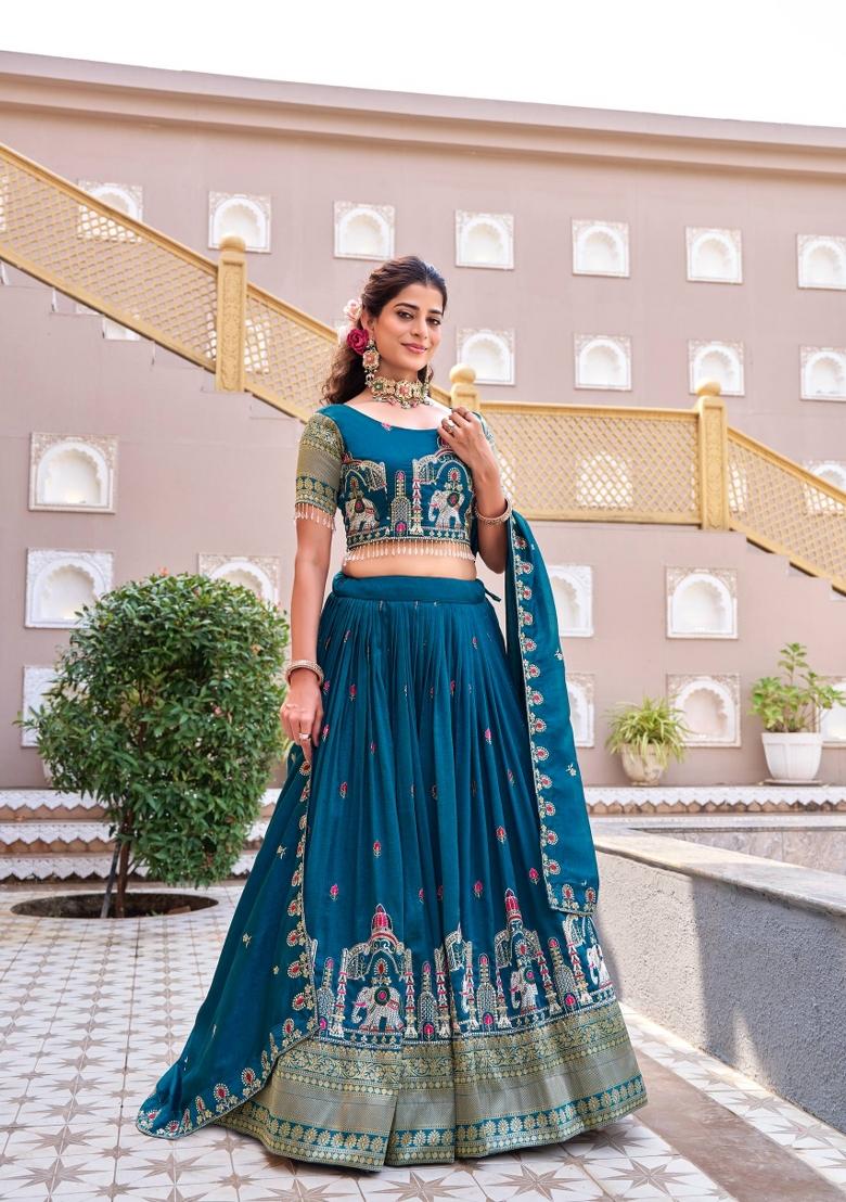 Teal Zari Work Silk Blend Lehenga Set - Indya