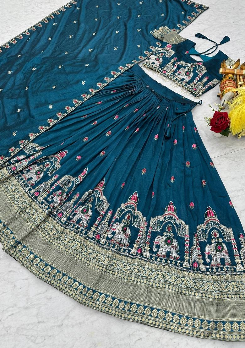 Teal Zari Work Silk Blend Lehenga Set - Indya