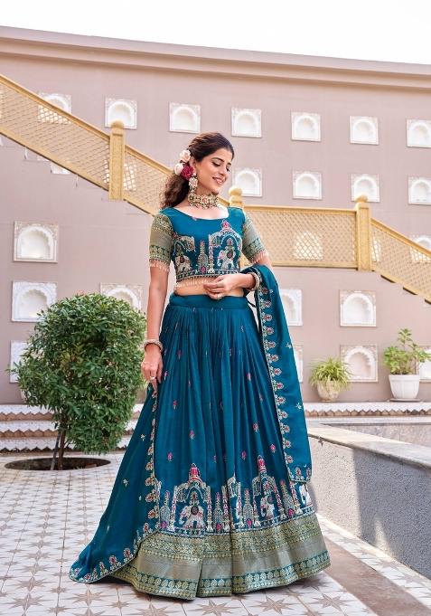 Teal Zari Work Silk Lehenga Set